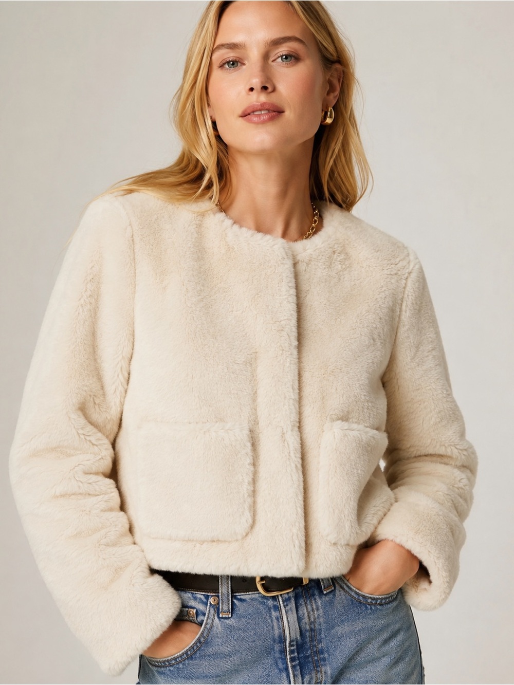 NEW! J. Crew Faux-fur lady jacket in Natural Size Large